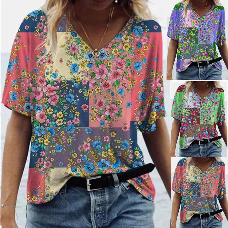 

Women Casual Beach T-Shirts Flower Print Short Sleeve Top Loose Oversized V-Neck T-Shirt Streetwear Plus Size 5XL