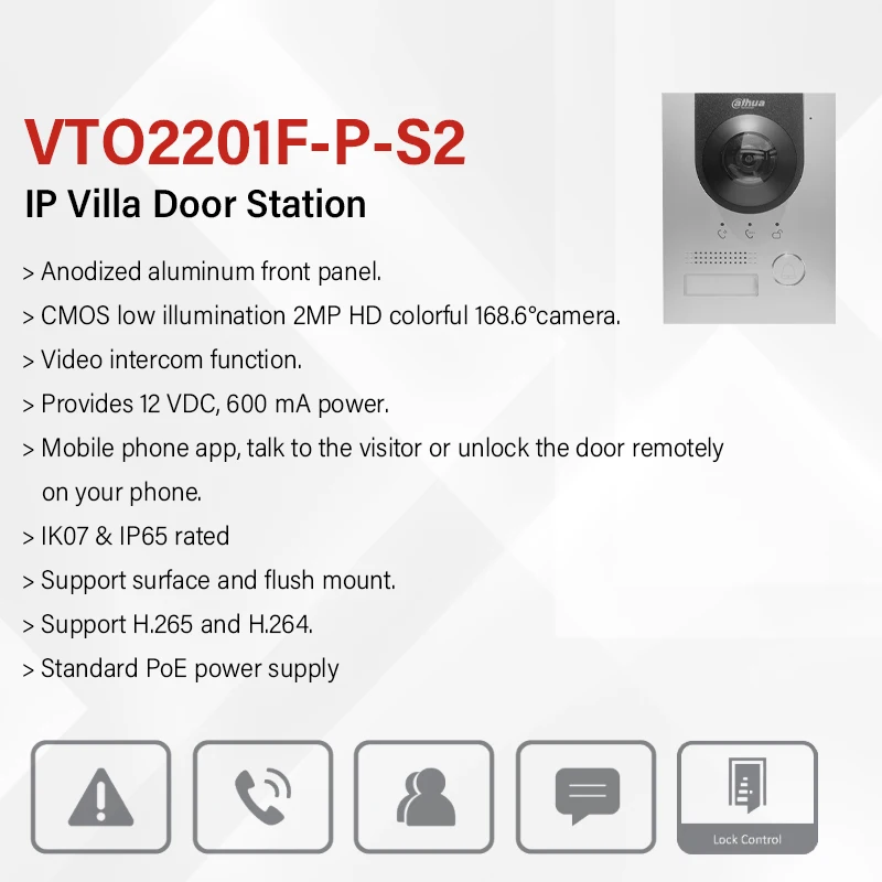 Фото Dahua VTO2201F-P-S2 2MP PoE Видеодомофон «рыбий глаз» Дверной звонок Камера IP Вилла Дверная станция Приложение Дистанционная разблокировка с сигнализацией тампера RS485 №2