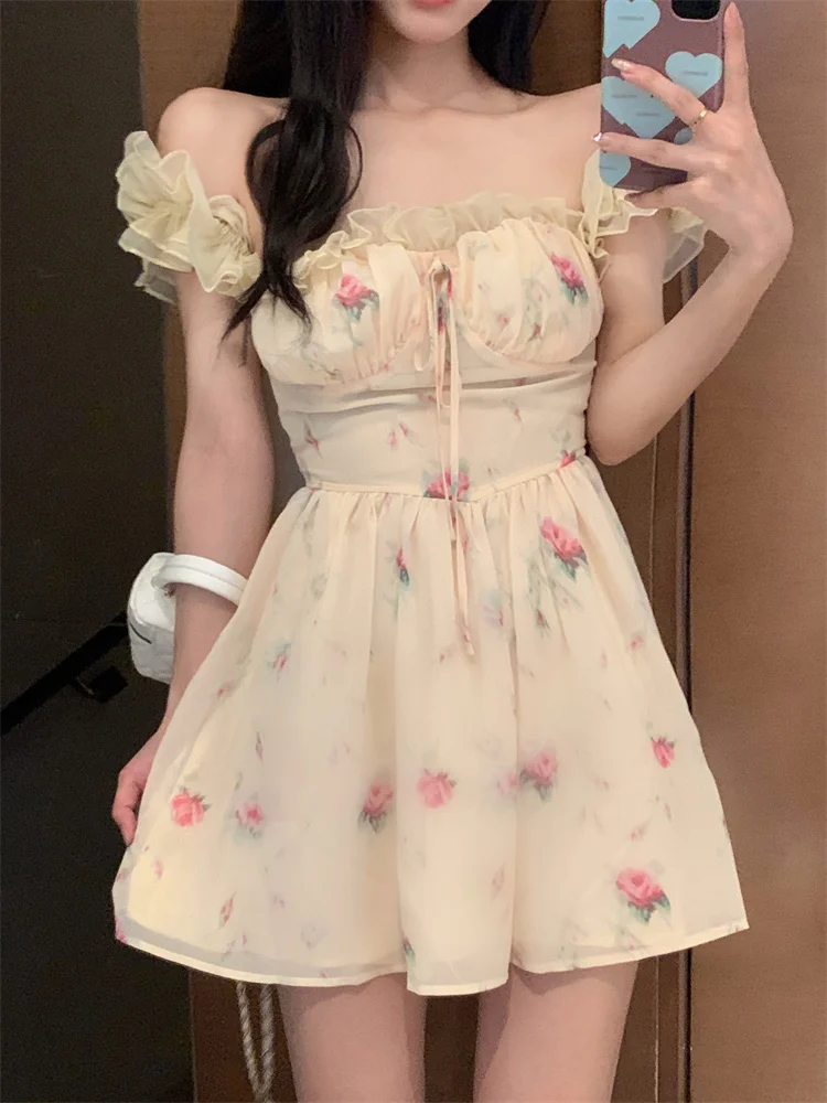 

Женское платье с цветочным принтом, повседневное ТРАПЕЦИЕВИДНОЕ ПЛАТЬЕ-мини с вырезом лодочкой и зауженной талией для отдыха, лето 2022