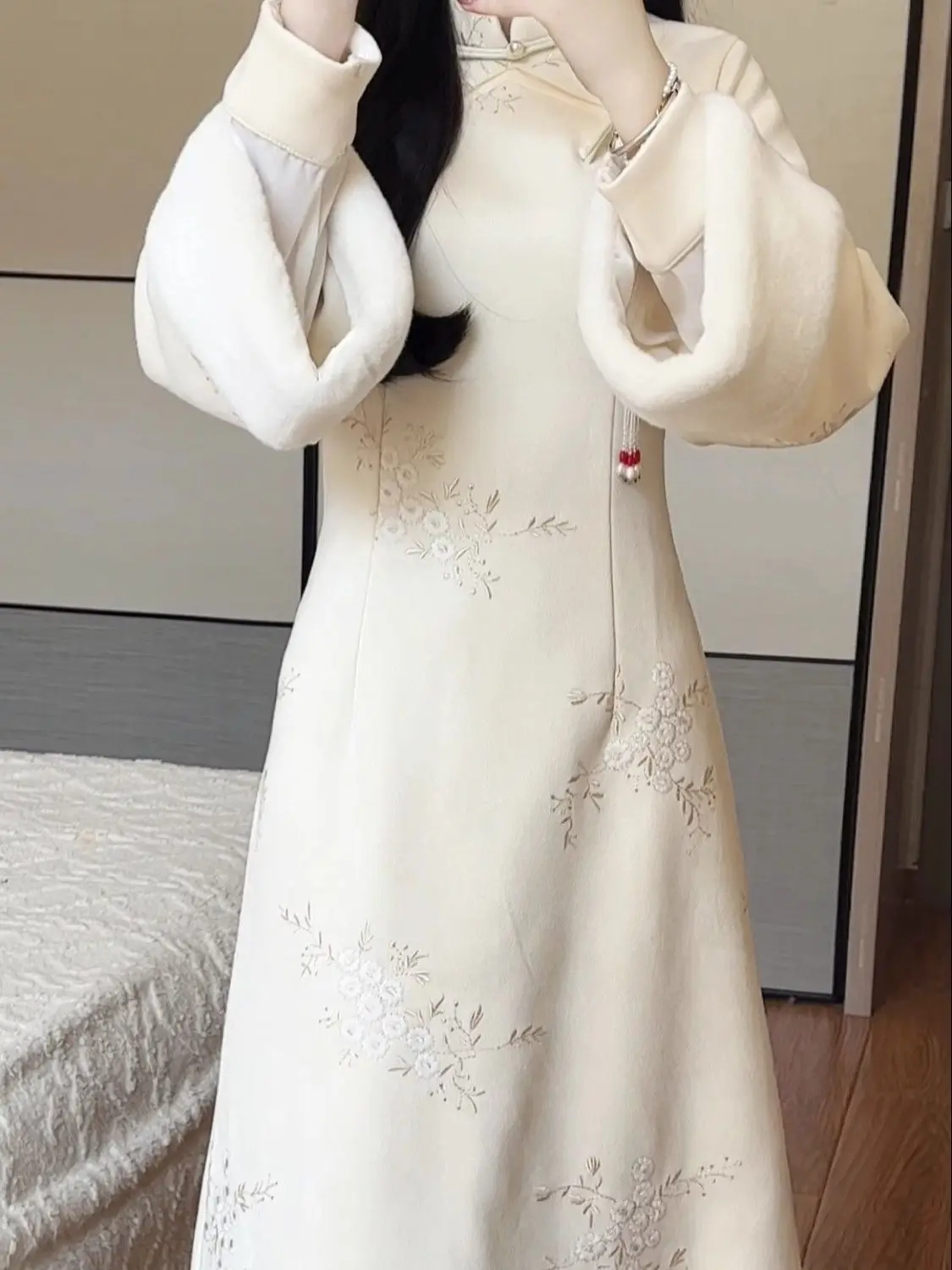 Женское зимнее платье-Ципао с плюшевым воротником