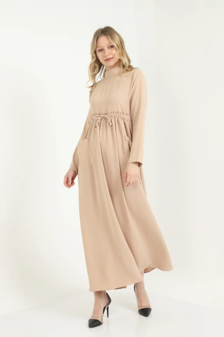 

Beige Beli Shirred Pocket Detail Dress new season plus size long-sleeve modern design casual cutout elegant women dress