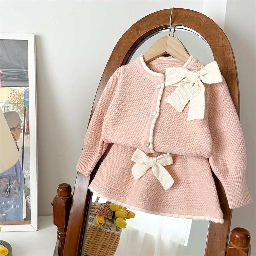 Осенне-зимний Кардиган с бантом для маленьких девочек + вязаная юбка комплект из 2