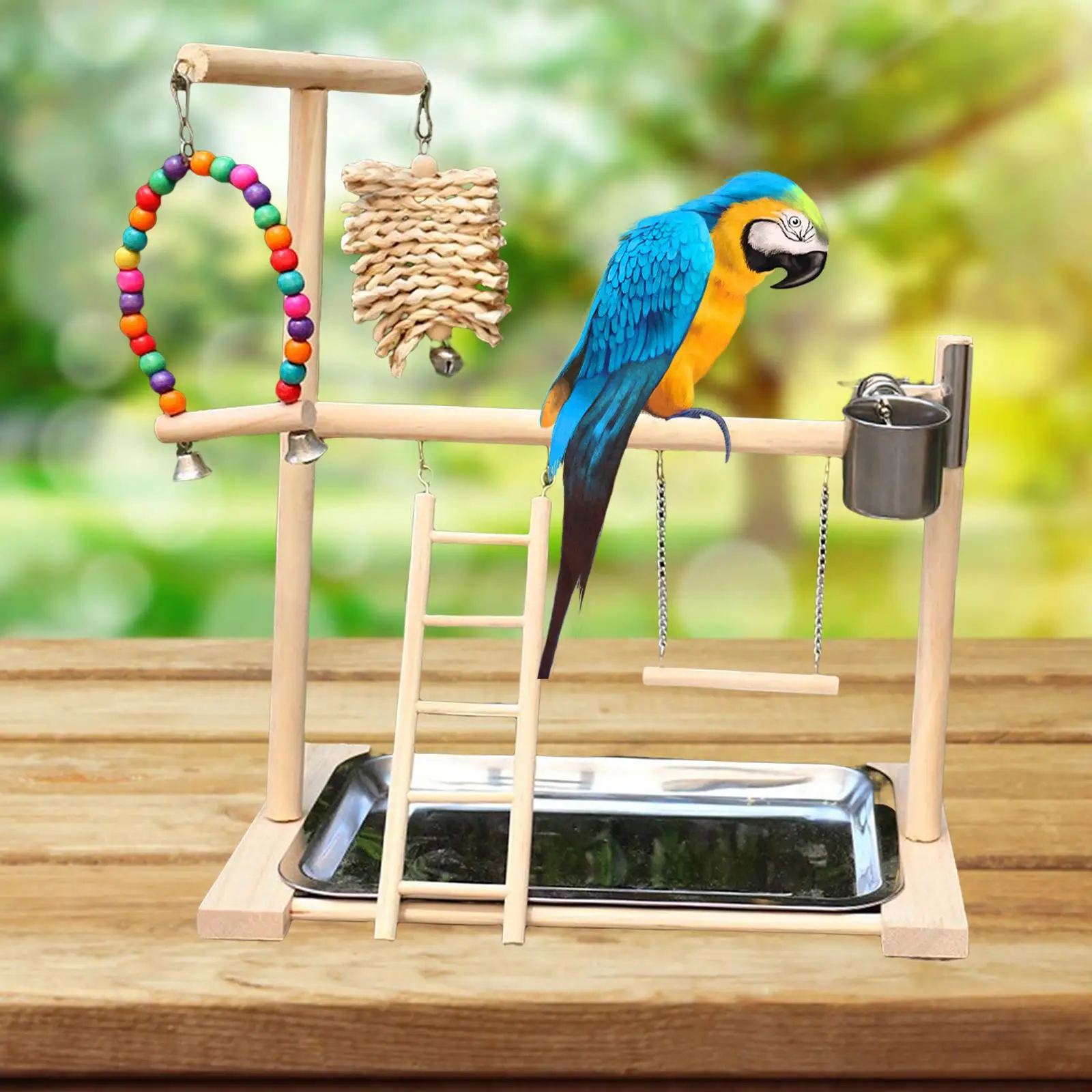 

Pet Parrot Playstand Bird Playground Bird Gym with Feeder Cups Solid Wood Perch Ladder Toys for Budgie Parakeet Cockatiel