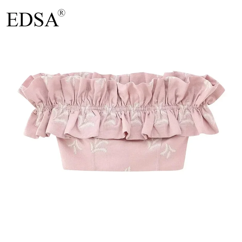

EDSA Women Elegant Embroidered Cropped Top Off-the-shoulder Short Sleeves Summer Tank Blouse