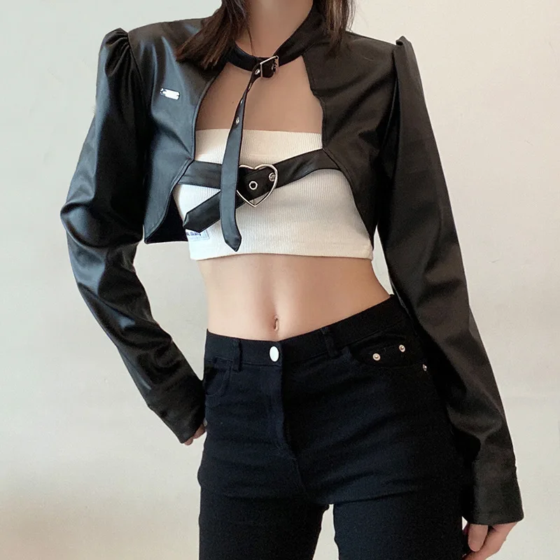 Укороченная черная куртка из искусственной кожи Harajuku Goth Vintage Racer мотоциклетная куртка для женщин Болеро Steampunk y2k куртка одежда