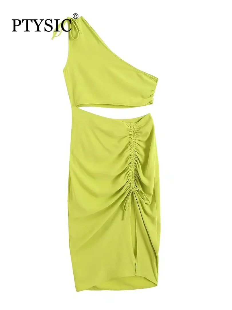 

Стильное женское однотонное платье средней длины с диагональным воротником, летнее Привлекательное платье с завязкой на одно плечо и рукав...