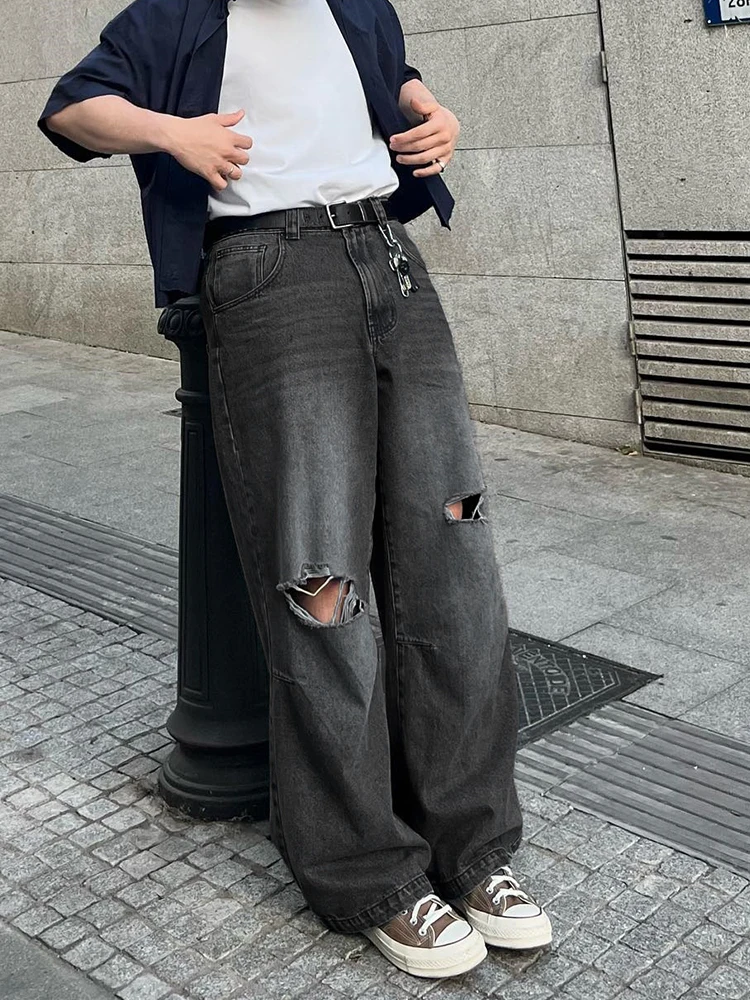 Vintage Distressed Loose Fit Jeans Men's, Y2k Washed Yellow Gradient Casual Pants Street Versatile Wide Leg Trousers