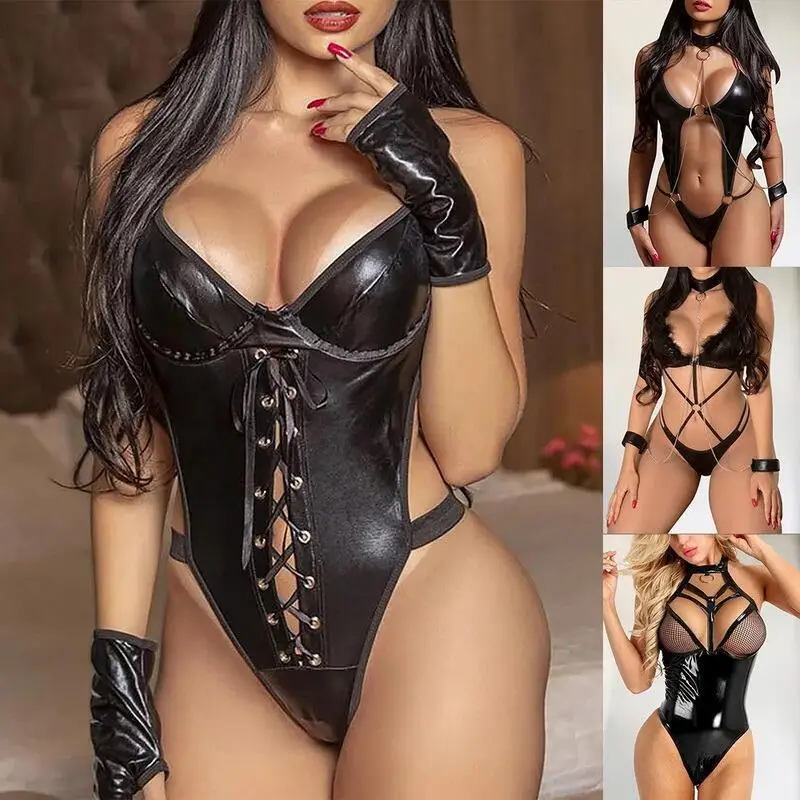 

Plus Size Sexy Lingerie Bodysuit Latex Leather Body Sexy Underwear Bandage Backless Erotic Lingerie Bodysuit Women Bra Teddies