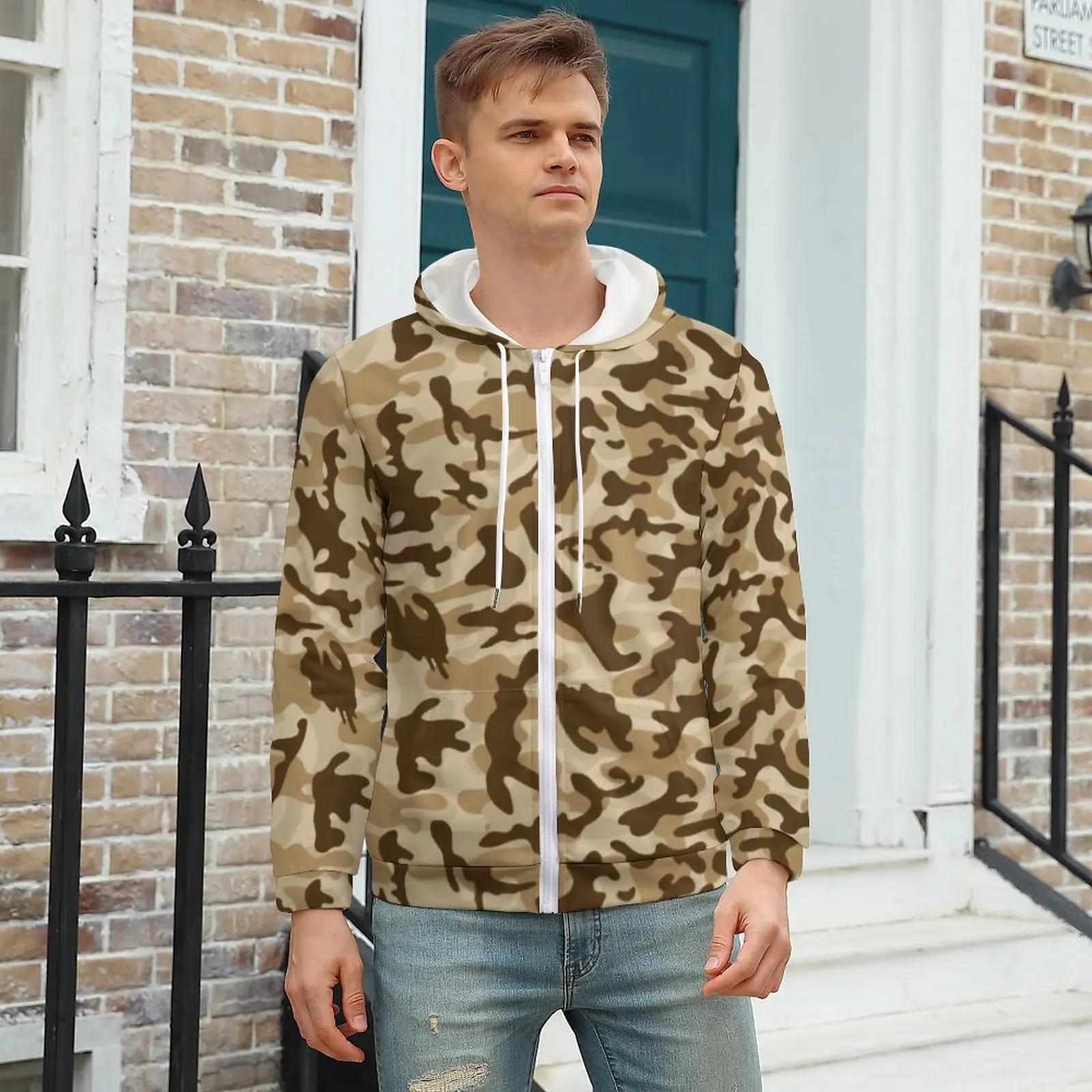 

Trendy Desert Tan Casual Hoodies Camouflage Print Harajuku Custom Zip Sweatshirts Spring Long Sleeve Loose Oversize Hoodie Gift