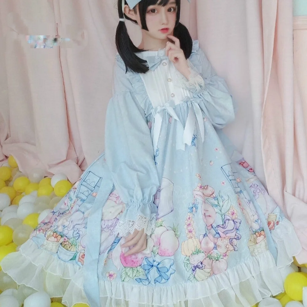 

Lace Loli Kawaii Printed Cartoon Rabbit Girls Women Vestidos Lolita Dress Sweet Soft Girl Ruffle OP Dresses 2022