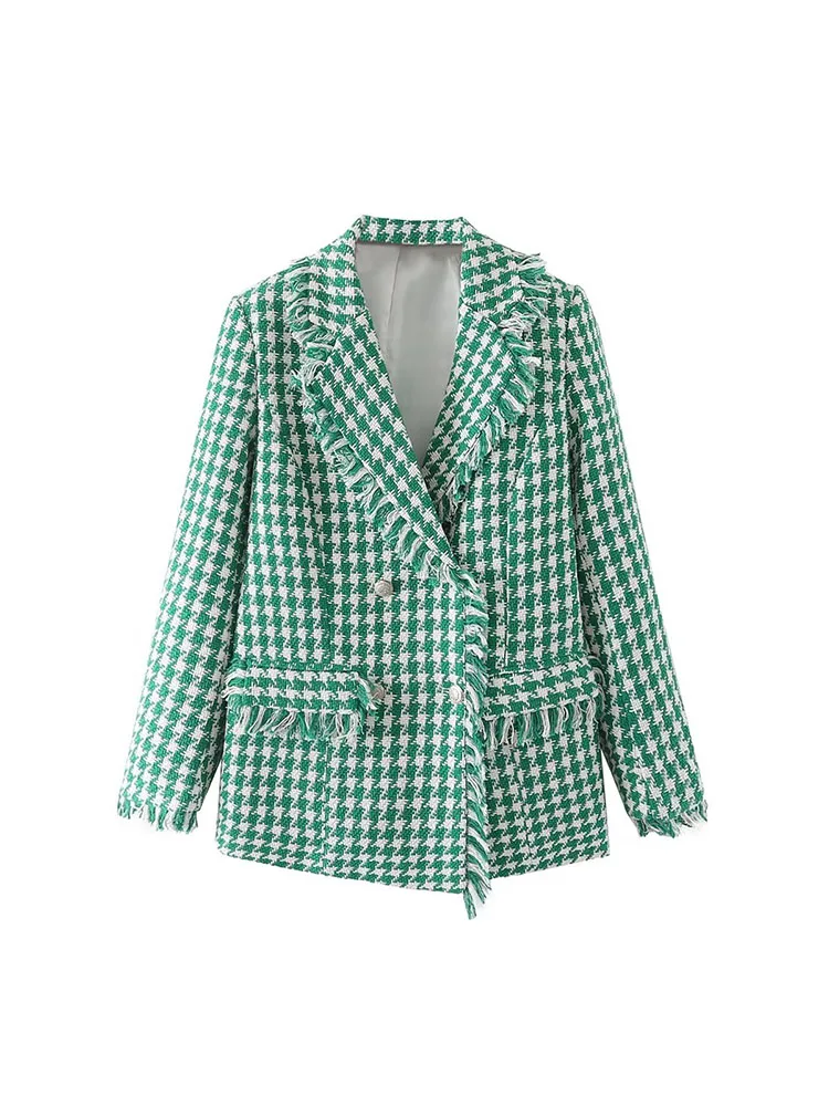 

Женский модный блейзер с лацканами, элегантный двубортный зеленый Блейзер с кисточками и отделкой, осень 2022