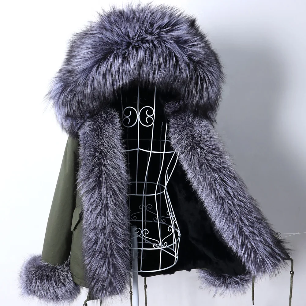 Maomaokong 2022 New Women Winter Fur Coat Rabbit Lining Hoode Jacket Natural Real Fox Raccoon Collar Parka Short Female Clothing enlarge