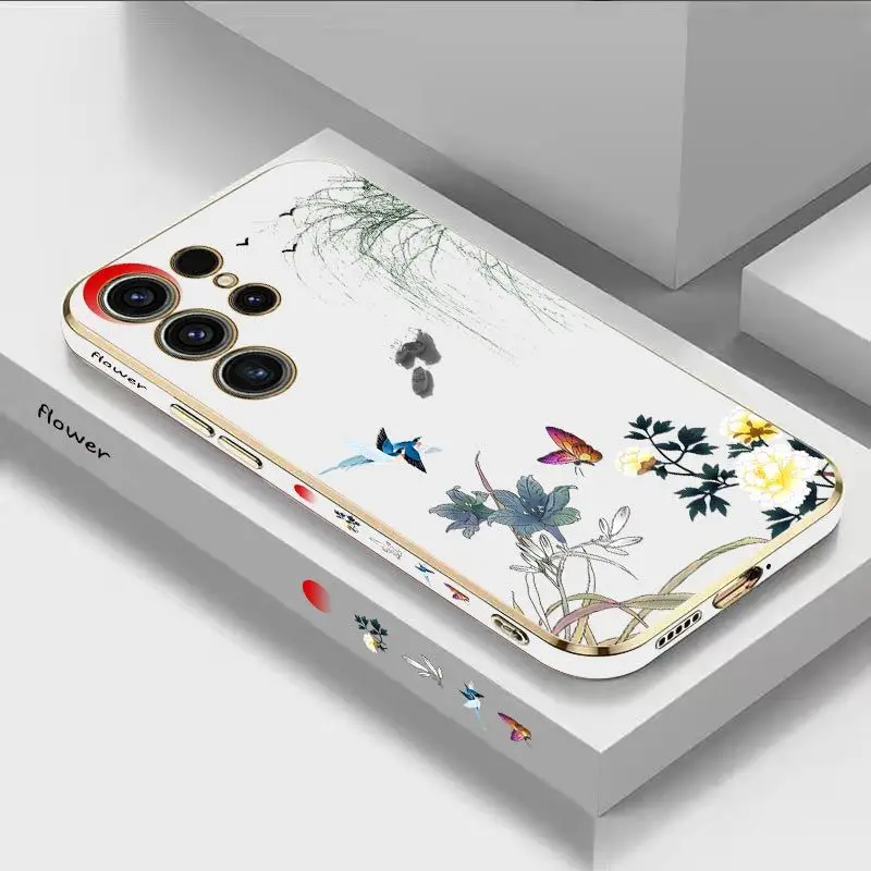 Willow Branches Luxury Plating Phone Case For Samsung Galaxy S23 S22 S21 S10 S9 S8 Plus Note 20 ultra 10 Plus Cover