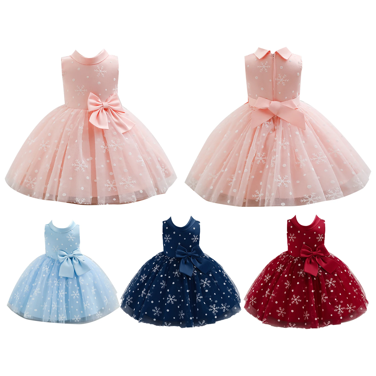 Baby Girls Princess Dress Kids Sleeveless Round Collar Bowknot Tutu Mesh Dress for Wedding Birthday Party Cosplay Dress Up Gowns
