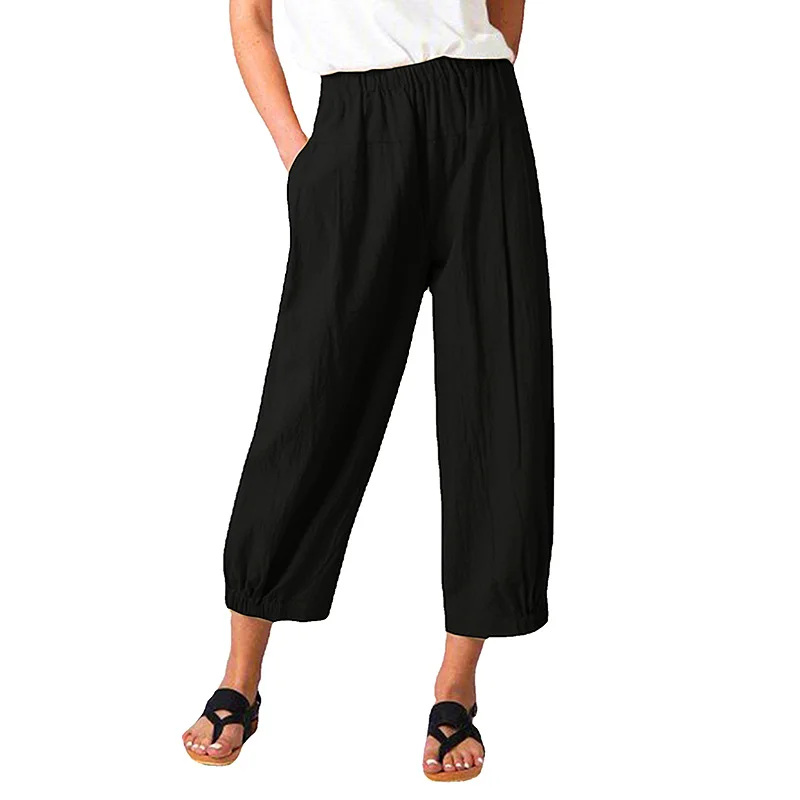 Cotton Linen Pants Women Summer Pockets Elastic High Waist Harem Casual Solid Color Loose Nine Points Cropped Pleated Trousers