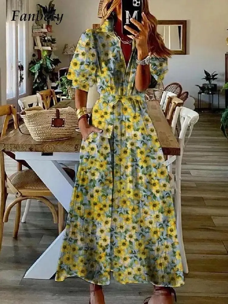 

Women's Short Sleeve Printed Shirt Dress 2022 Summer New Casual Floral Pattern Maxi Dress Fashion A-Line Party Dresses Vestidos
