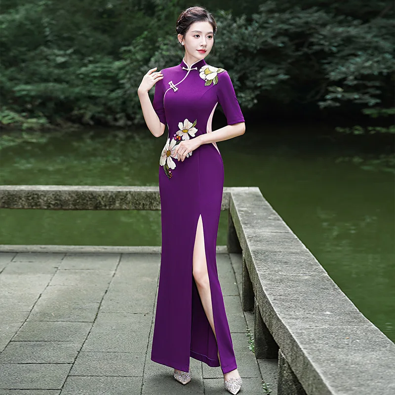 Длинное платье-русалка Cheongsam с фиолетовым принтом модное утягивающее платье