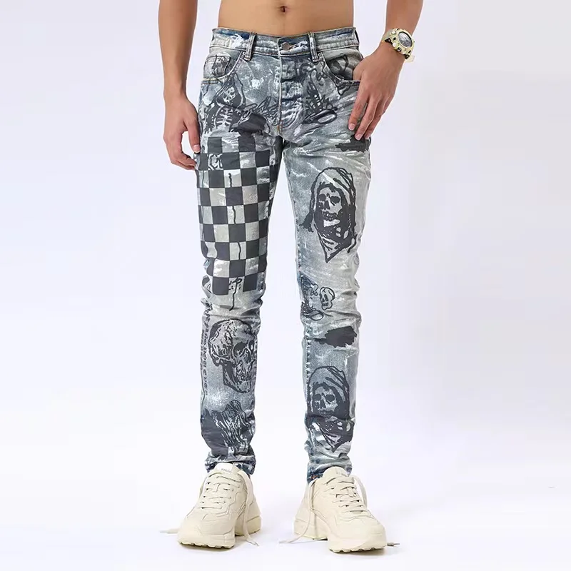 

High Quality Custom Handmade Graffiti Cartoon Print Cut Button Jeans Men