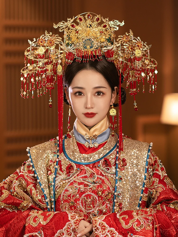 

String of Beads Hair Stick Song Dynasty Phoenix Crown Headwear Bride Empress Hanfu Costume Wedding Hair Accessories for Girls