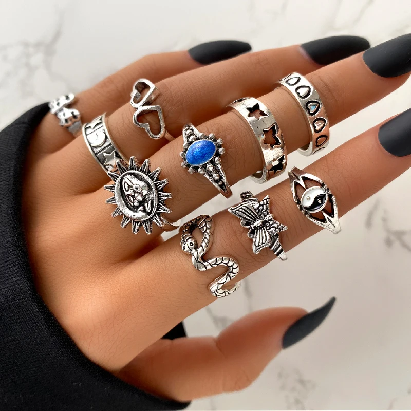 Vintage Silver Color Snake Sun Butterfly Gossip Sapphire Rings Set For Women Men Punk Heart Chain Ring 10 Piece/set Jewelry Gift