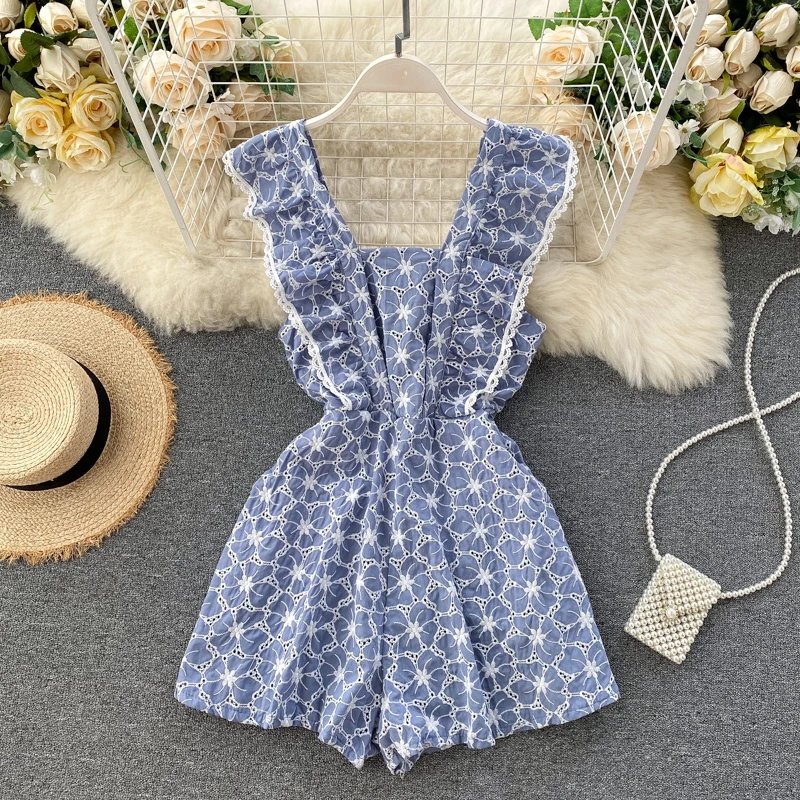 Women's Embroidery Floral Strap Rompers Retro Hollow Square Collar Sleeveless Wide Leg Short Rompers Casual Fashion Sexy Rompers
