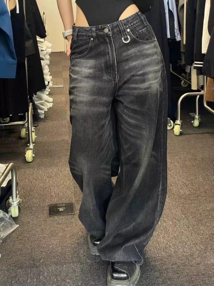 

Y2K Women Vintage Streetwear Korean Baggy Black Jeans Retro Straight Parachute Pants Denim Trousers Fairy Grunge Alt Clothes