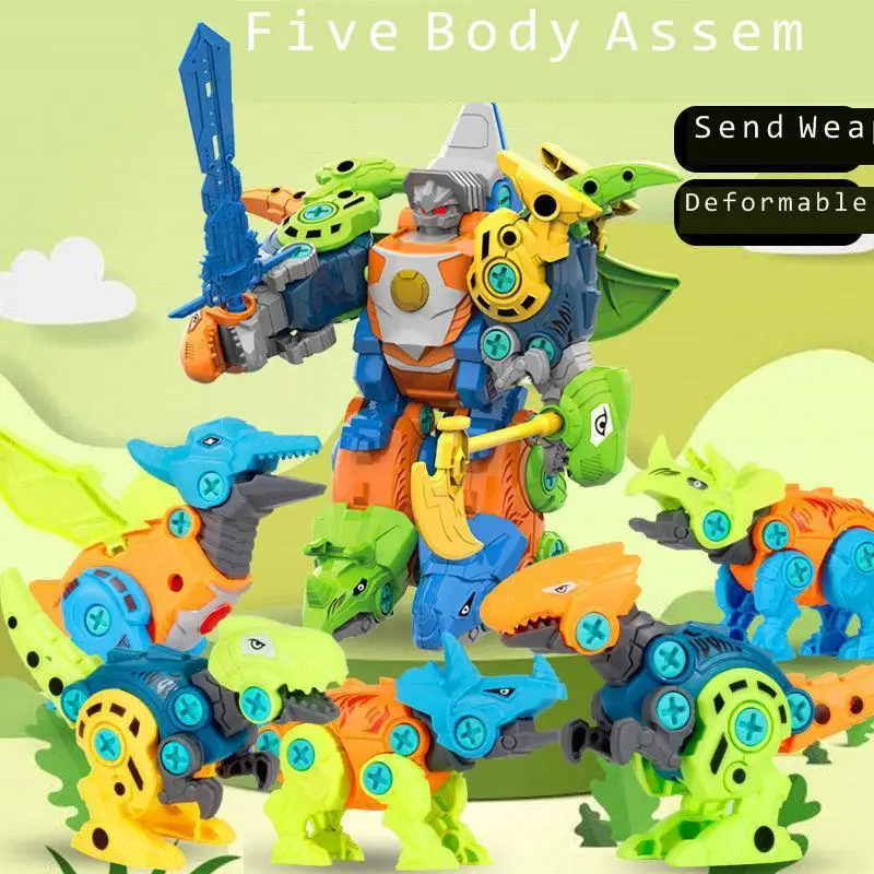 

Children'S 5 In 1 Assembly Dinosaur Construction Set Toys Children Screw Building Blocks Model Kids Educational Toys Gift