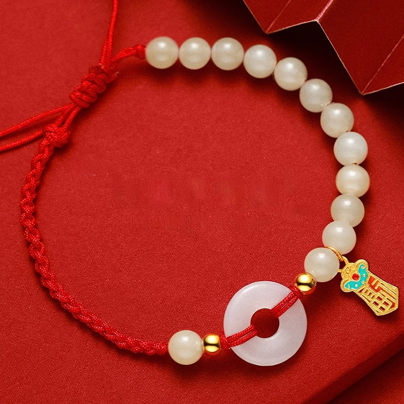 

High-grade Bracelet 925 Sterling Silver Bracelet Women's Wishful Peace Buckle Hand Rope Inlaid Hetian Jade Light Luxury Bracelet