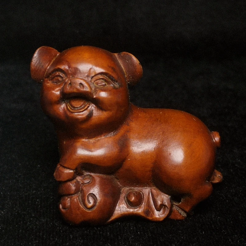 

Chinese Boxwood Hand Carved Animal Wealth Pig Figurine Statue Netsuke L 4.8 CM