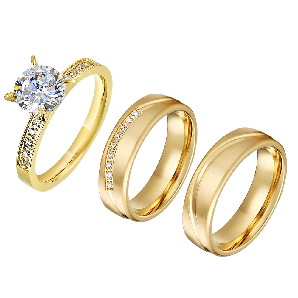 

Unique Wedding Bands 3pcs Promise Engagement Bridal Sets High Quality 18k Gold Plated 316L Stainless Steel Jewery