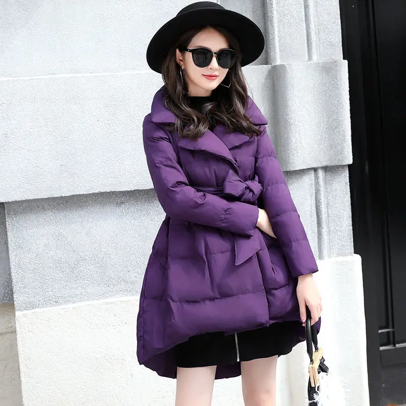 New Women's Winter Irregular Fashion Down Jacket A-line Bow Mid-length Warm Jacket Waist Waist Winter Women Coat