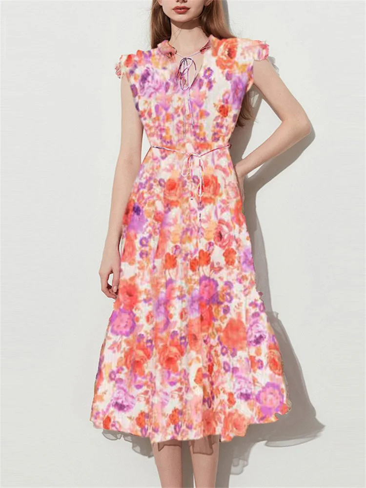 COIGARSAM Floral Print Women 2023 New Fashion V Neck Sleeveless Summer Dresses Vintage Elegant Casual Chiffon Dress