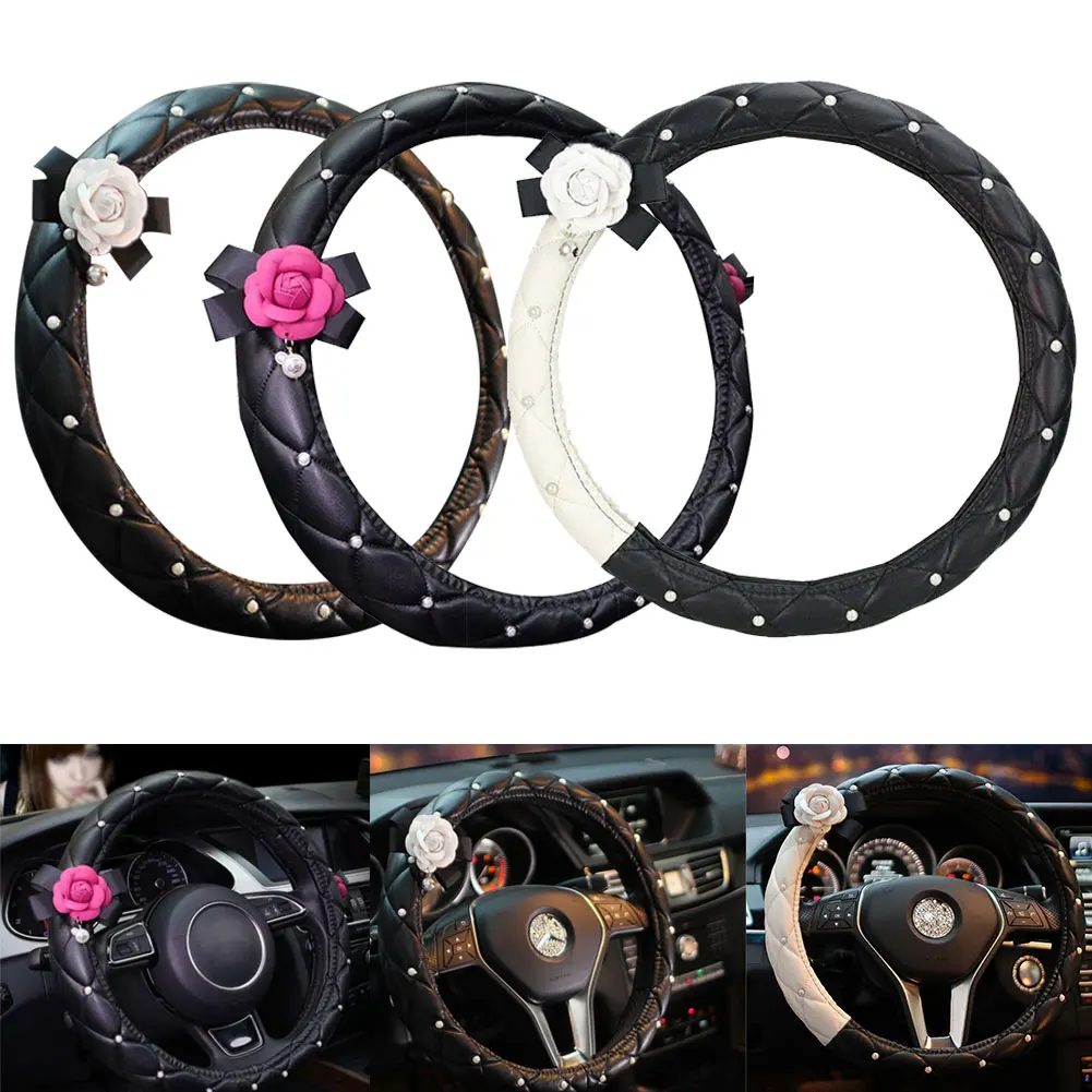 

Camellia Flower Car Interior Accessories Crystal Leather Steering Wheel Cover Seat Belt Shifter Cover Auto Headrest Mirror Case