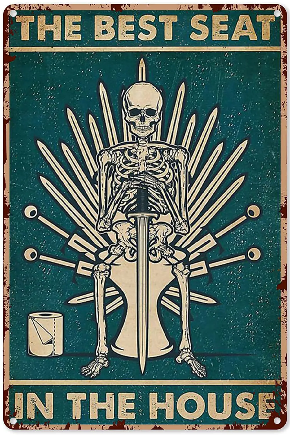 

Skeleton Wall Art Metal Retro Green Skeleton Throne Best Seat in The House Poster,Skull Posters for Room,Metal Sign
