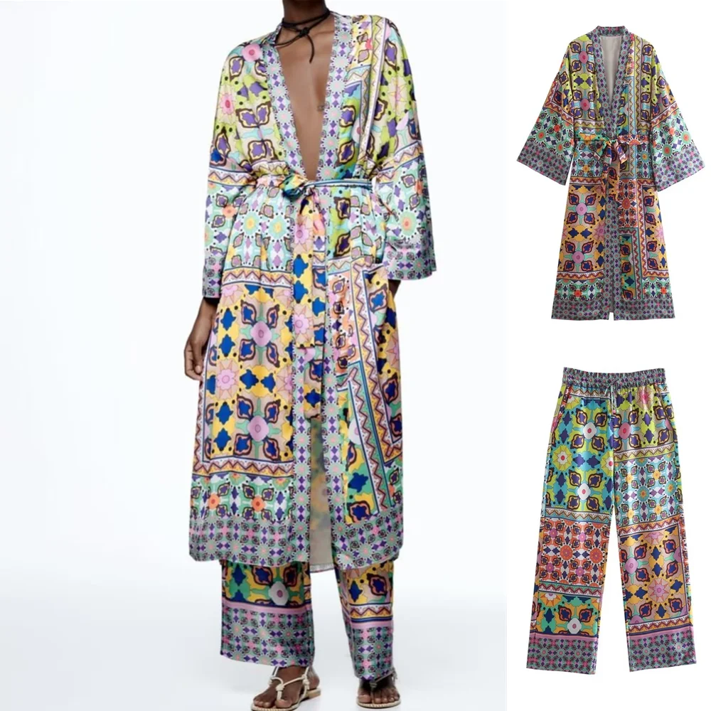 

UNIZERA 2023 Summer New Women's Wear European and American Style with Belt Printed Kimono Style+Printed Home Pants 7753032 77280