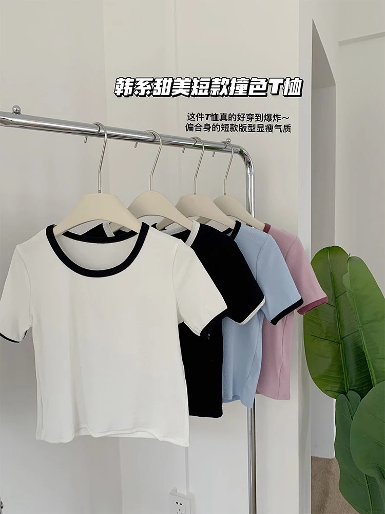 

Женская футболка составного кроя Y2K, летняя облегающая футболка, Женский Модный укороченный топ в Корейском стиле, Женская Сексуальная футболка с круглым вырезом, базовая футболка, 2023