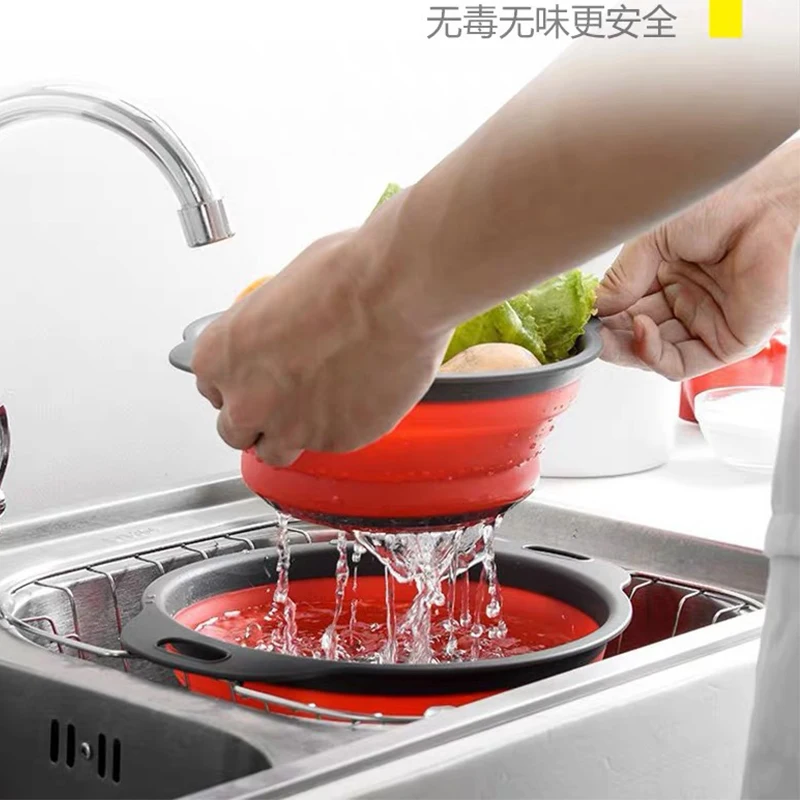 

[ 2 PCS ] Folding Drain Basket Fruit Basket 2-Piece Large and Small Kitchen Retractable Draining Basket Storage Basket 29x23x9CM