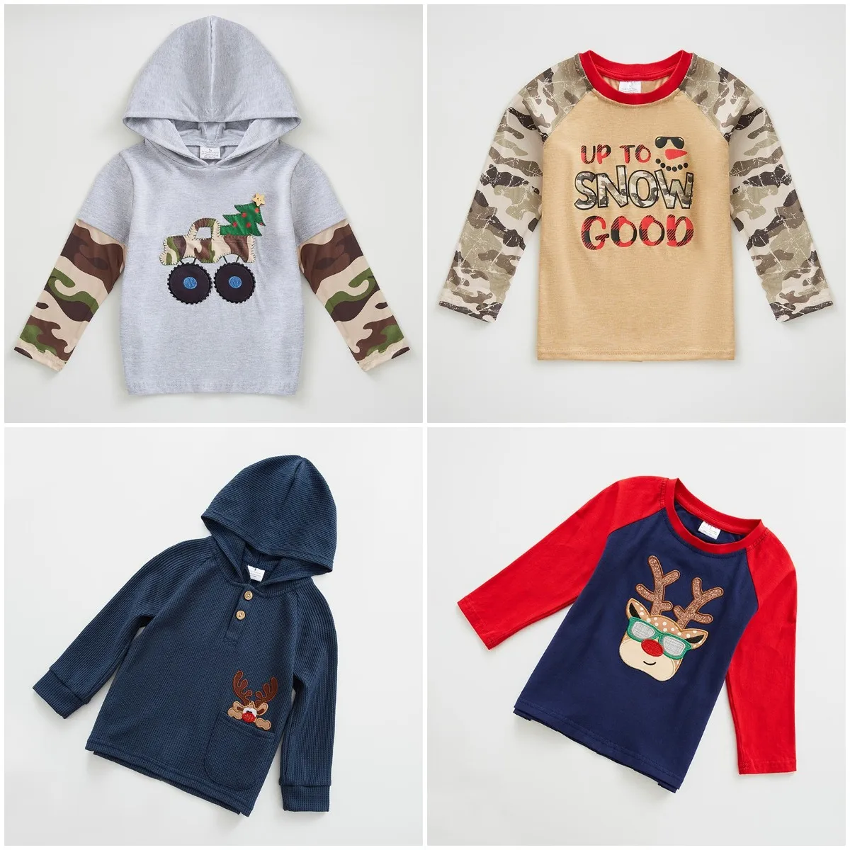 

Girlymax Christmas Fall/Winter Long Sleeve Outfits Baby Boys Camo Deer Plaid Hoodie Top Boutique Kids Clothing