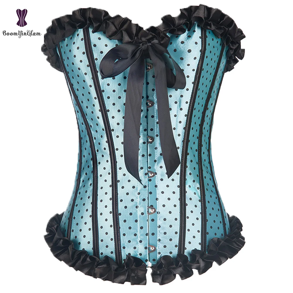 

Blue Women's Waist Shaper Small Dot Corset Overbust Pleated Corsets And Bustiers 870#