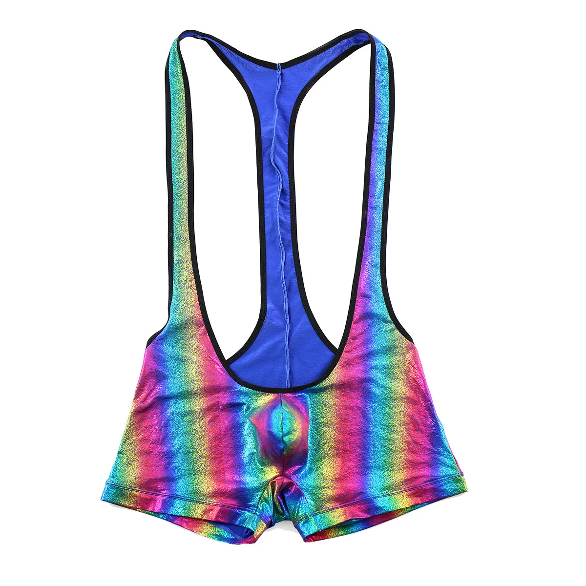 YUFEIDA Sexy Mens Faux Leather Undershirts Leotard Sport Bodysuit Jumpsuits Gay Rainbow Stripe Leather Wrestling Singlet Teddies