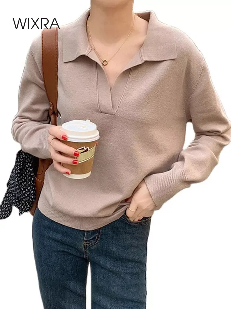 

Wixra Women Sweater Casual Polo Neck Ladies Korean Chic Pullover Top Autumn Winter Female High Streetwear