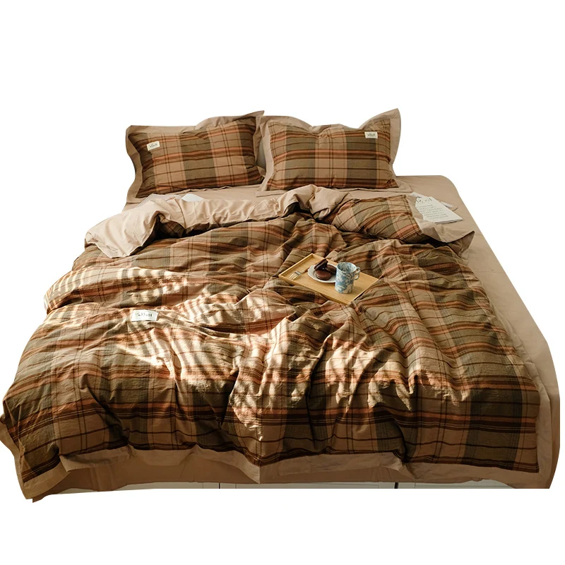 

Wide-Brimmed Plaid Washed Four-Piece Set Simple Pure Cotton Quilt Cover Bedding Fitted Sheet Sets