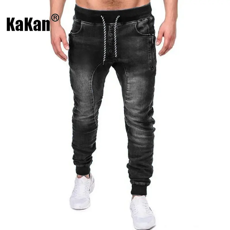 Kakan - European and American Casual Sports Threaded Leggings Jeans, Spring and Autumn New Black Blue Long Jeans for Men K22-163