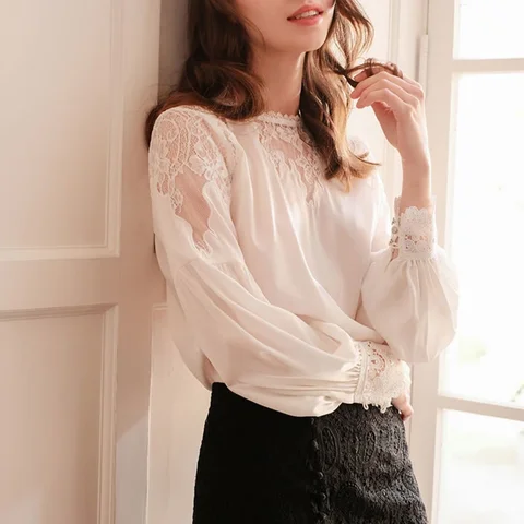 Женская блузка с длинным рукавом, элегантная белая шелковая ажурная кружевная блузка с круглым вырезом и рукавами-фонариками, весна 2022