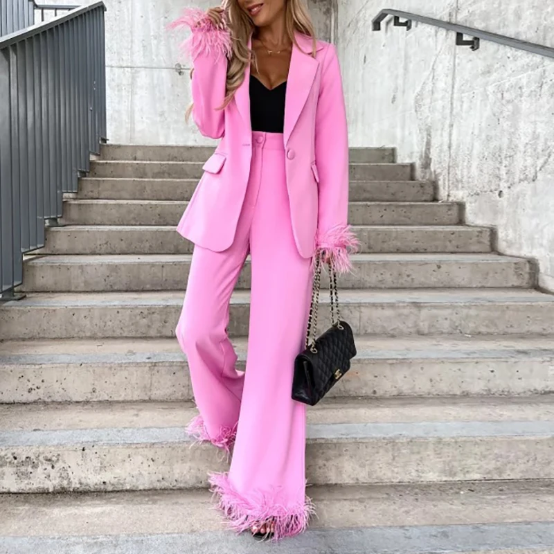 

2022 Autumn Winter Fashion Office Elegant Ladies Casual Solid Color Long Sleeve Blazer and Straight Pants Suit Two Piece set