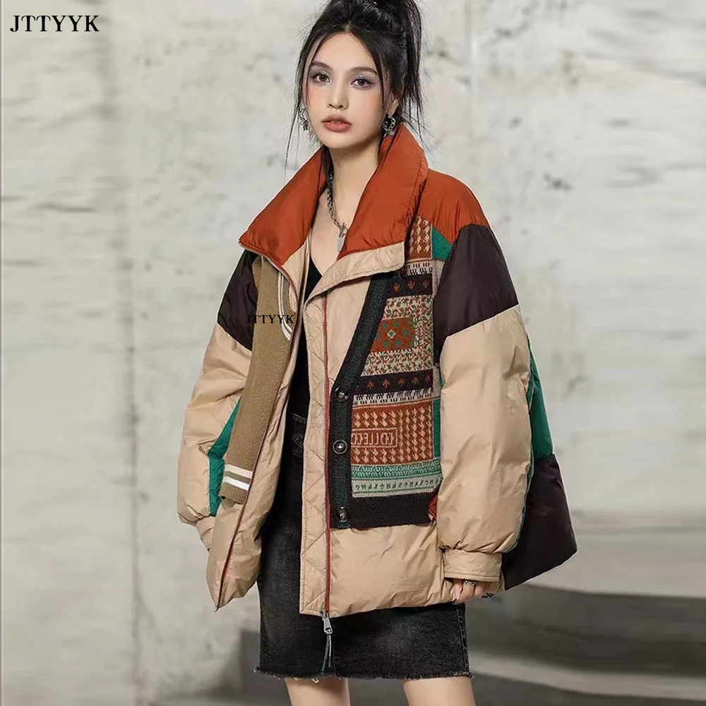 

Винтажная Модная вязаная куртка с соединением, Женская парка, зимнее пальто на белом утином пуху, Лоскутная пуховая куртка на молнии, высокое качество