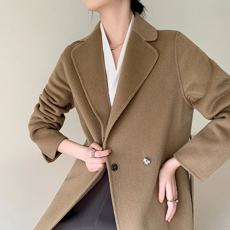 

Осенне-зимнее Длинное свободное Женское пальто до колен с двусторонним поясом