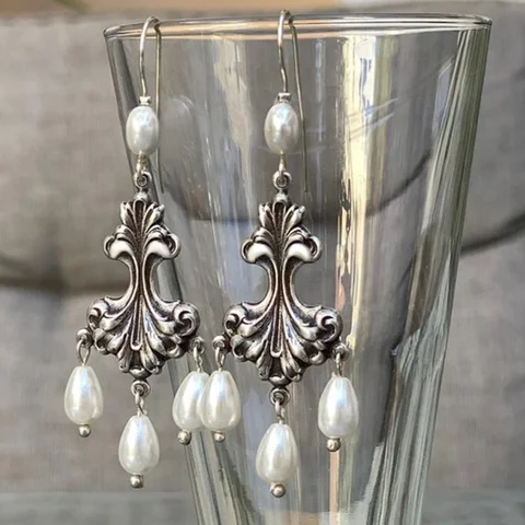Изысканная люстра-спрей, капля воды, жемчуг, модная имитация жемчуга, металл, древнее серебро, женские серьги-подвески