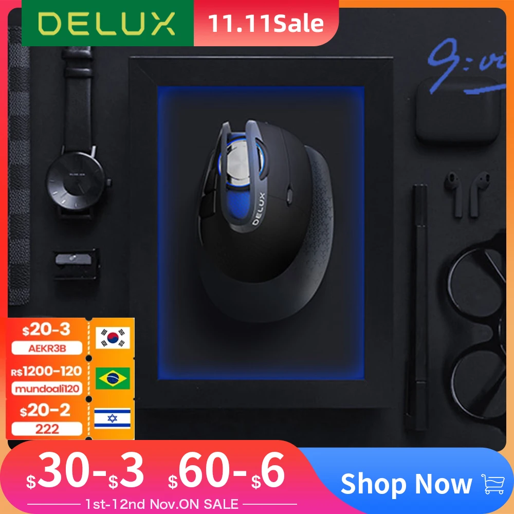 

Delux M618X Adjustable angle Wireless Vertical Mouse Bluetooth 3.0 4.0+2.4GHz Ergonomic Rechargeable Mice For 4 Windows Devices