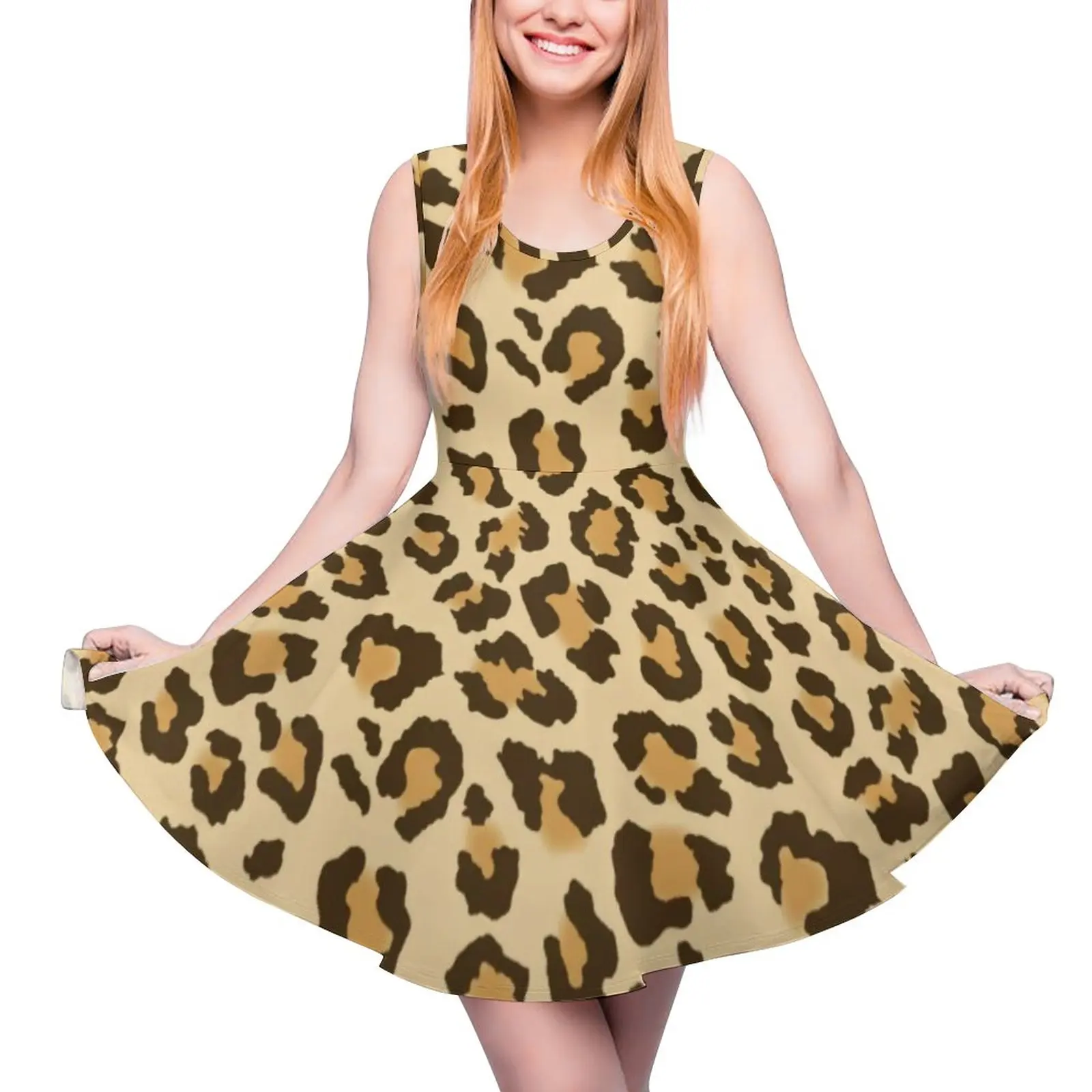 

Платье женское оверсайз с леопардовым принтом, элегантная уличная одежда с принтом животных, без рукавов, для скейтбординга, цвет золотисты...